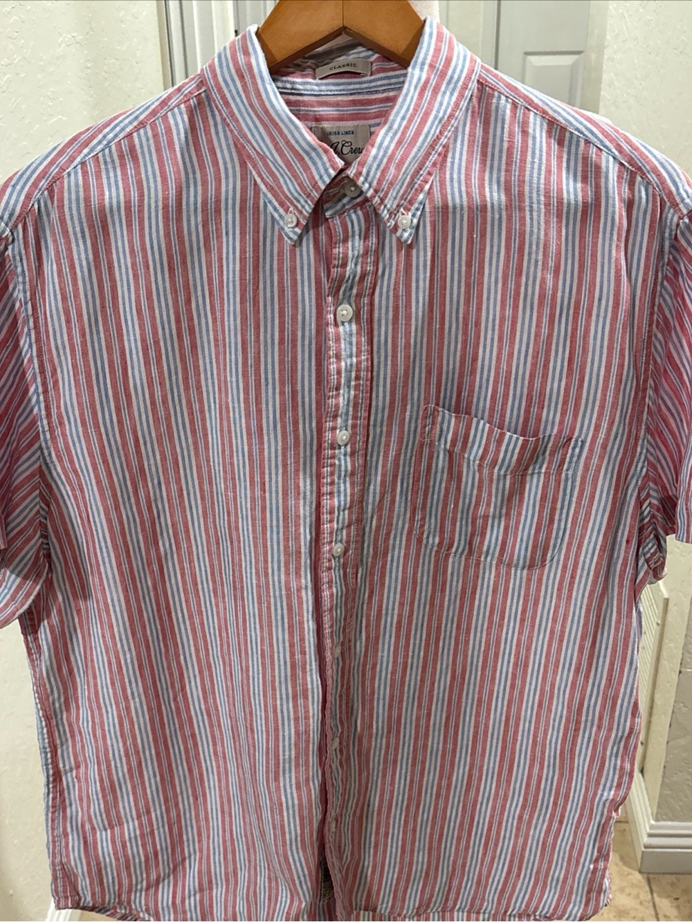 J Crew Baird McNutt Irish Linen Shirt Pink Blue Stripe Button Down Pocket Men’s